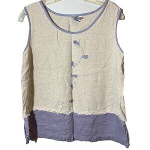 Usindo Sleeveless Top Tan Purple Fringe Floral Embroidery Sz XL
